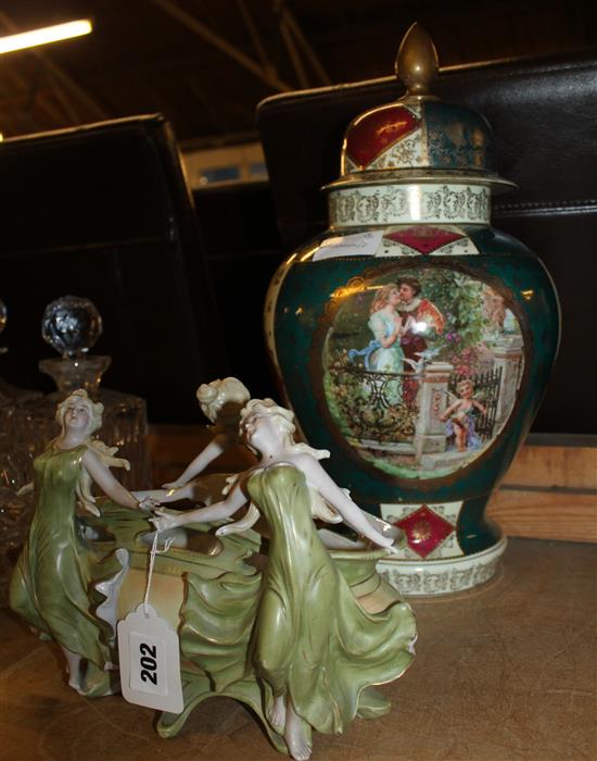 Porcelain lidded vase & centre piece